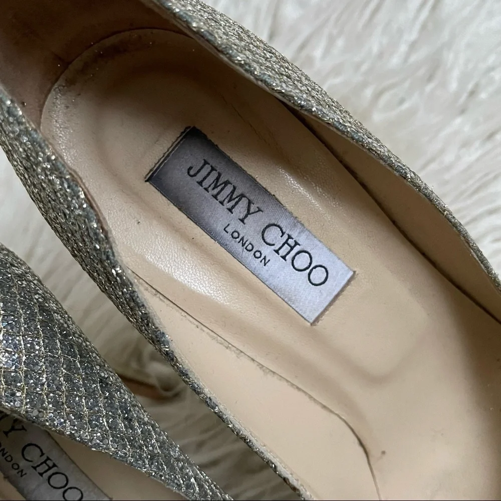 Jimmy Choo Silver Metallic Champagne Lamè Fabric Leather Alex Platform Pumps EUC